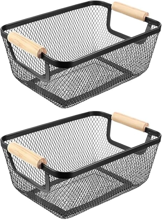 AJIODA 2Pack Metal Mesh Steel Basket, Small Wire Storage Organizer Multi-function Hanging Kitchen Fruit Basket With Wood Handle for Picnic Cabinet Home Decor, Rectangle-Black