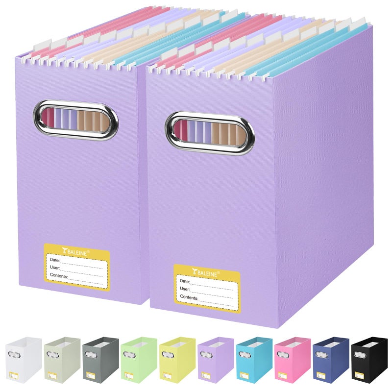 BALEINE File Organizer Box Cardboard File Folder Organizer with Handle for Letter Size Portable Collapsible Hanging Filing Box for Home Office Document Storage 2 Pack Lavender - Image 2