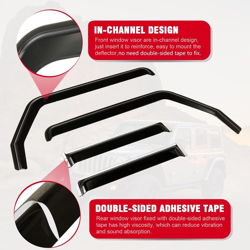 Partol Side Window Rain Guard In-Channel Deflectors for Jeep Wrangler JL JLU/Gladiator JT 4-Door (2018-2021) - Image 5