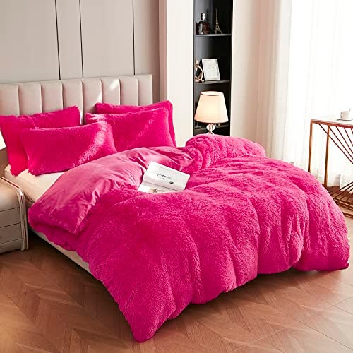 Uhamho Faux Fur Velvet Fluffy Bedding Duvet Cover Set Down Comforter Quilt Cover with Pillow Shams, Ultra Soft Warm (King, Hot Pink) - Image 2