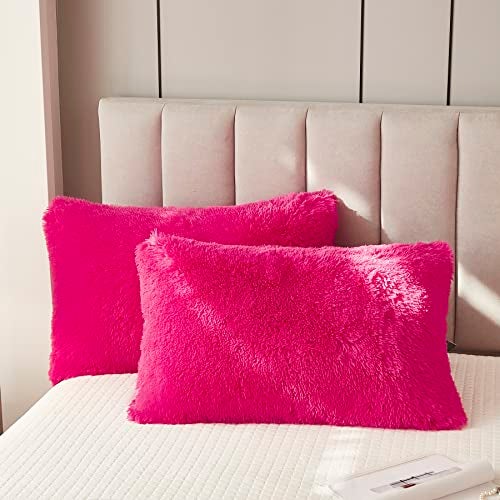 Uhamho Faux Fur Velvet Fluffy Bedding Duvet Cover Set Down Comforter Quilt Cover with Pillow Shams, Ultra Soft Warm (King, Hot Pink) - Image 3