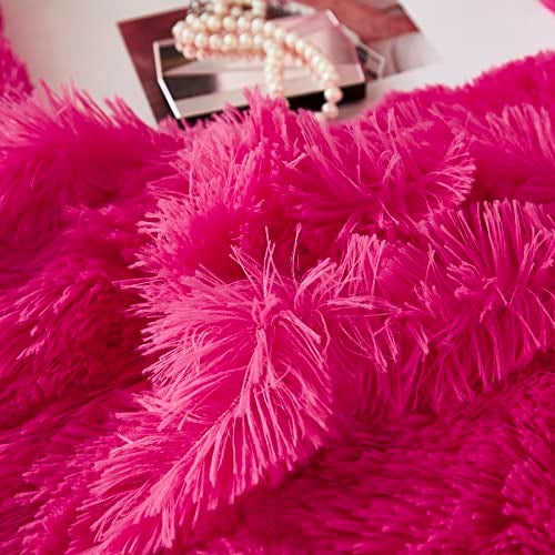 Uhamho Faux Fur Velvet Fluffy Bedding Duvet Cover Set Down Comforter Quilt Cover with Pillow Shams, Ultra Soft Warm (King, Hot Pink) - Image 4