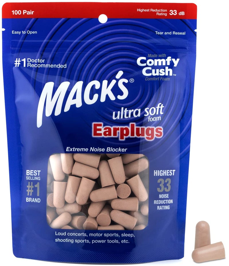 Mack's Ultra Soft Foam Earplugs, 100 Pair Bag - 33dB Highest NRR, Comfortable Ear Plugs for Sleeping, Snoring, Travel, Concerts, Studying and Loud Noise | Made in USA - Image 1