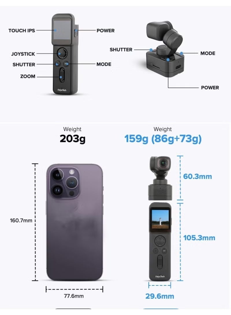 فيو تيك مجموعة كاميرا تتبع الذكاء الاصطناعي FeiyuTech Pocket 3، مسجل فيديو بدقة 4K، جيمبال ثلاثي المحاور قابل للفصل لاسلكيًا، مستشعر CMOS بحجم 1/2.3 بوصة، زاوية رؤية 130°، مغناطيسية، للرياضات القصوى/السيارات/السفر، مدونات الفيديو على يوتيوب وتيك توك (تشغيل عن بعد) - Image 4