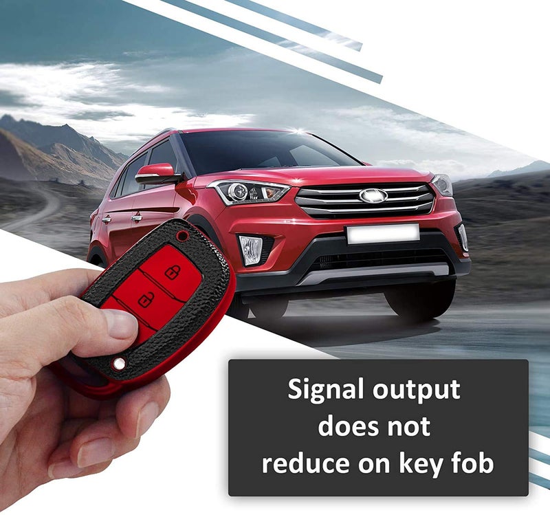 JVCV غطاء مفتاح بتصميم جلد TPU ناعم من JVCV® متوافق مع هيونداي كريتا، i10 جراند، i20 إليت، i20 أكتيف، Xcent، فيرنا 4s، توكسون، إيلانtra، جراند i10 نيوس 3 أزرار مفتاح ذكي (أحمر أسود) - Image 4