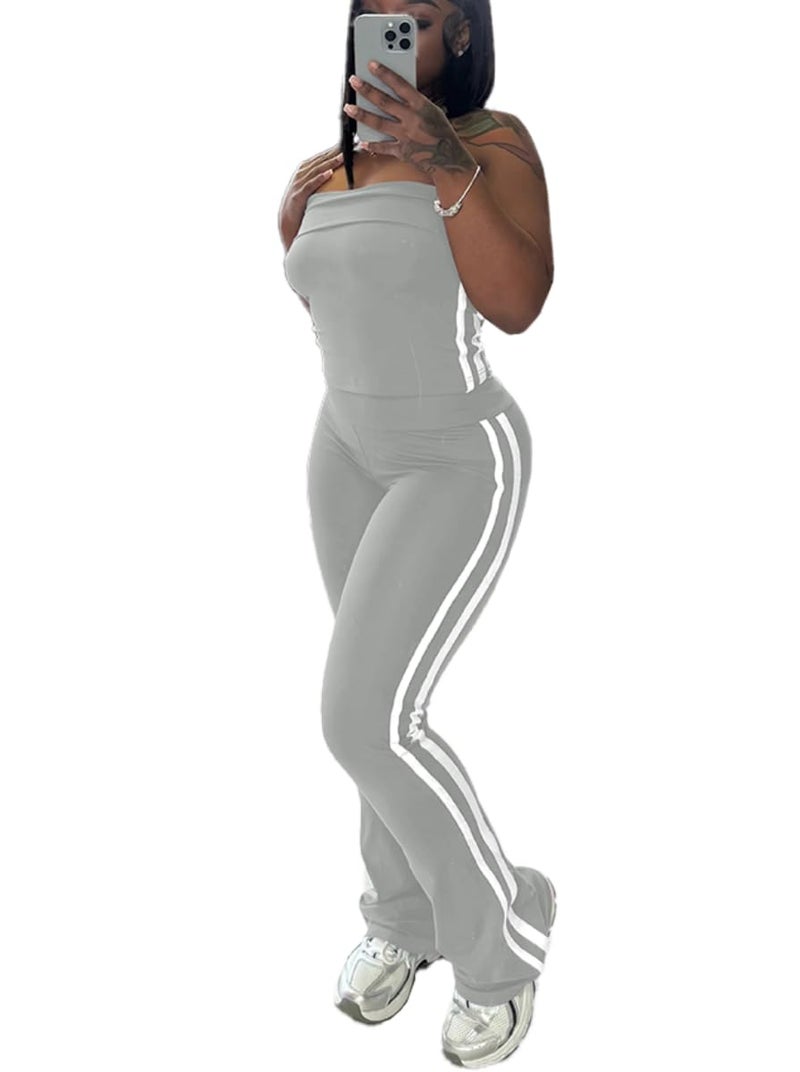 HBQ Women Two Piece Outfits Strapless Crop Top and Flare Pants Casual Stripe Lounge Sets Tracksuits Grey M - Image 1
