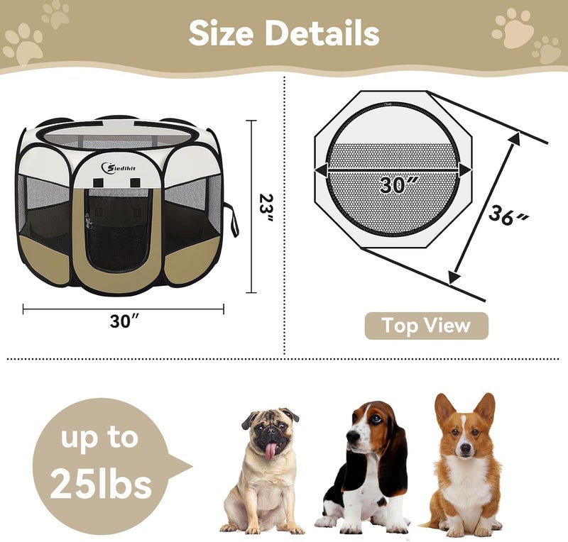 Siedihit Pink Puppy Playpen for Middle Dog Cat, Dogs Tent Crate Cage Indoor/Outdoor, Portable Pop Up Dog Kennel with Carrying Bag for Rabbits, Removable Top (Coffee, Medium (36" x 36" x 23")) - Image 3