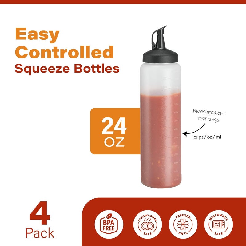 MIGHTY STRONG 4 Pack Condiment Squeeze Bottles 24 Oz –Easy Pour Sauce Bottle With Leak Proof Snap Cap, Plastic Squeeze Bottles For Sauces, Condiment Containers, clear - Image 2