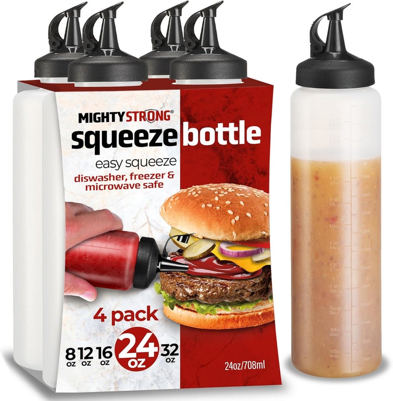 MIGHTY STRONG 4 Pack Condiment Squeeze Bottles 24 Oz –Easy Pour Sauce Bottle With Leak Proof Snap Cap, Plastic Squeeze Bottles For Sauces, Condiment Containers, clear - Image 1