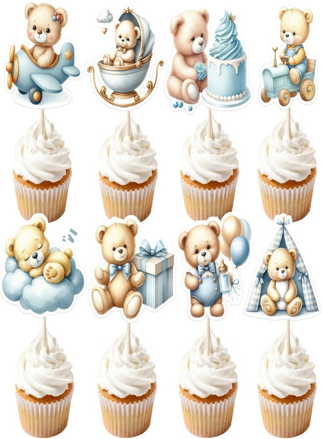 Auteby 48Pcs Baby Bear Cupcake Toppers for Bear Theme Baby Shower Boy or Girl Birthday Party Supplies (BOY) - Image 1