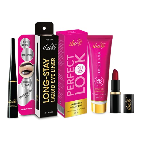 Iba Makeup Combo 2-24 Karat Gold BB Cream(Medium Shade) | Long Stay Eyeliner | Ruby Touch A65 Lipstick (Set of 3) - Image 1