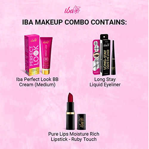 Iba Makeup Combo 2-24 Karat Gold BB Cream(Medium Shade) | Long Stay Eyeliner | Ruby Touch A65 Lipstick (Set of 3) - Image 2