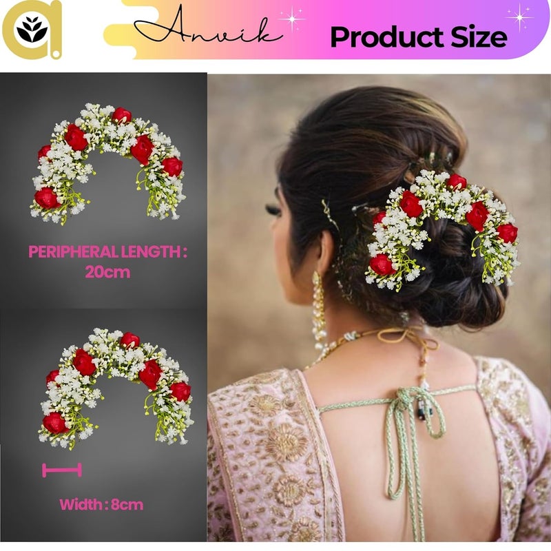 ANVIK Hair Accessories Fancy Party Bridal Wedding Fabric/Artificial Rose Flower Bun Juda Hair Gajra For Women's Flower Hair Accessory Veni For Hair For Bride (RED) - Image 4