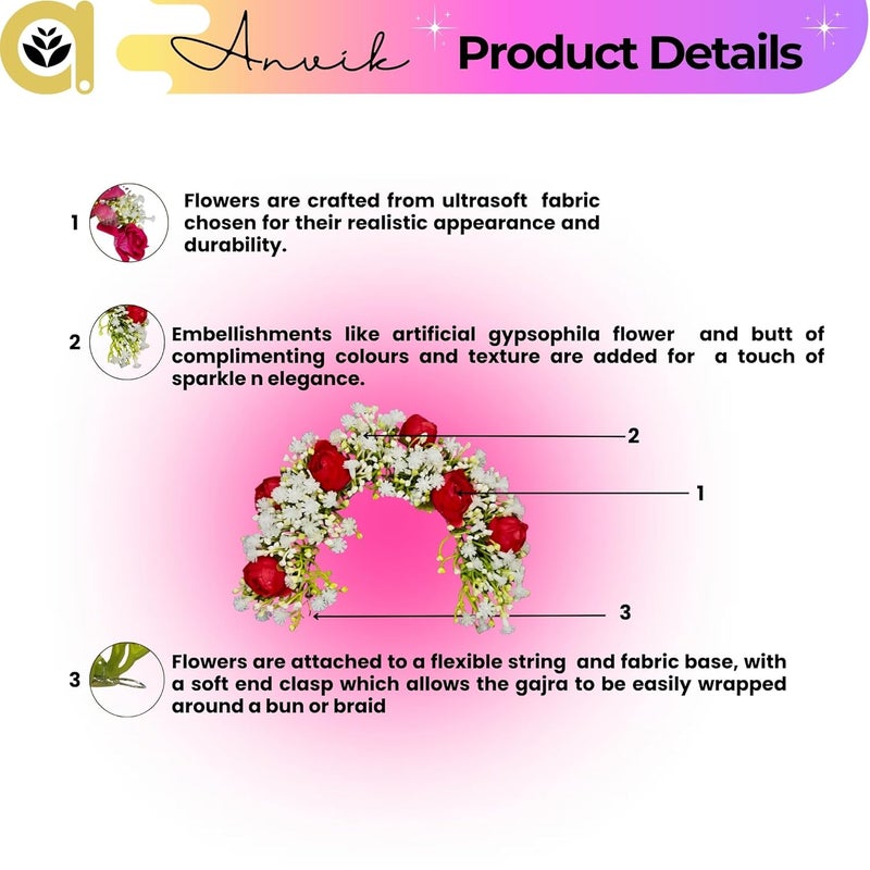 ANVIK Hair Accessories Fancy Party Bridal Wedding Fabric/Artificial Rose Flower Bun Juda Hair Gajra For Women's Flower Hair Accessory Veni For Hair For Bride (RED) - Image 3