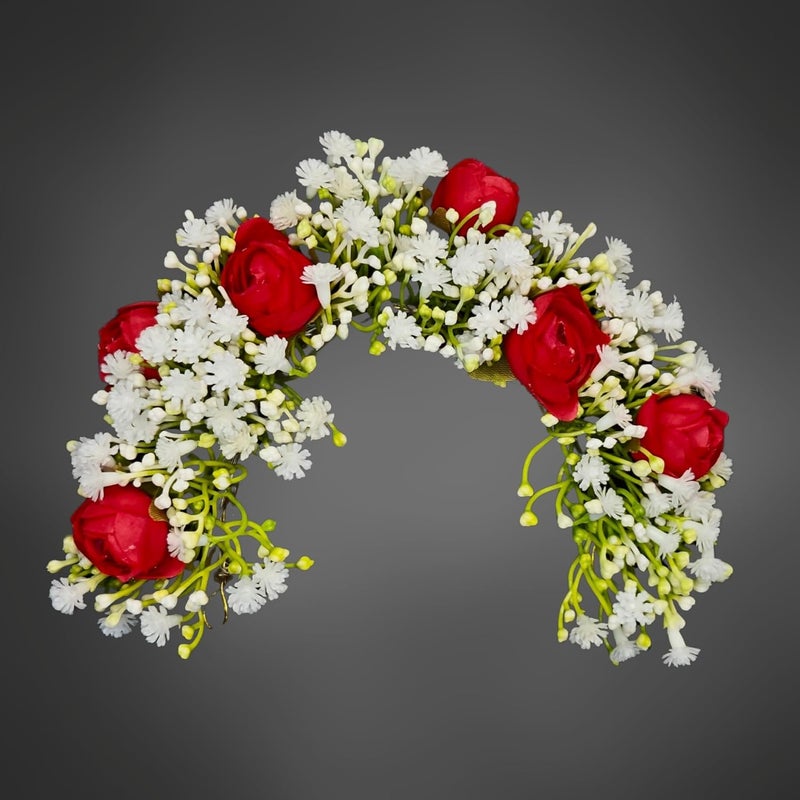 ANVIK Hair Accessories Fancy Party Bridal Wedding Fabric/Artificial Rose Flower Bun Juda Hair Gajra For Women's Flower Hair Accessory Veni For Hair For Bride (RED) - Image 2