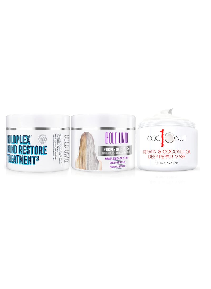 BOLD UNIQ - Purple Hair Mask - For Blonde, Platinum, Bleached, Silver, Gray, Ash & Brassy Hair, BoldPlex 3 Hair Treatment, and Coconut Hair Mask Bundle - Paraben & Sulfate free, Cruelty-free & Vegan - Image 1