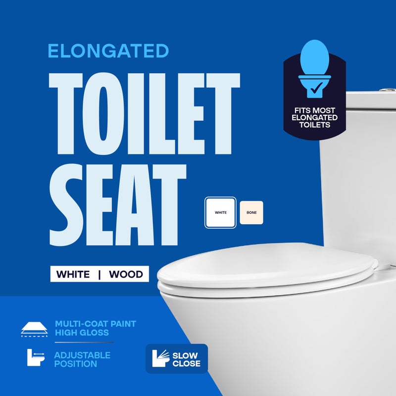 HIGHCRAFT Premium Elongated Toilet Seat with Slow-Close Design & Adjustable Hinges - Molded Wood Toilet Seat - Fits Standard Elongated Toilets - Oval Seat in White - Image 4