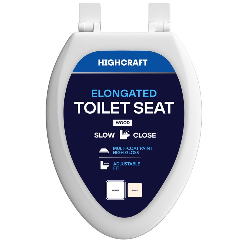 HIGHCRAFT Premium Elongated Toilet Seat with Slow-Close Design & Adjustable Hinges - Molded Wood Toilet Seat - Fits Standard Elongated Toilets - Oval Seat in White - Image 1