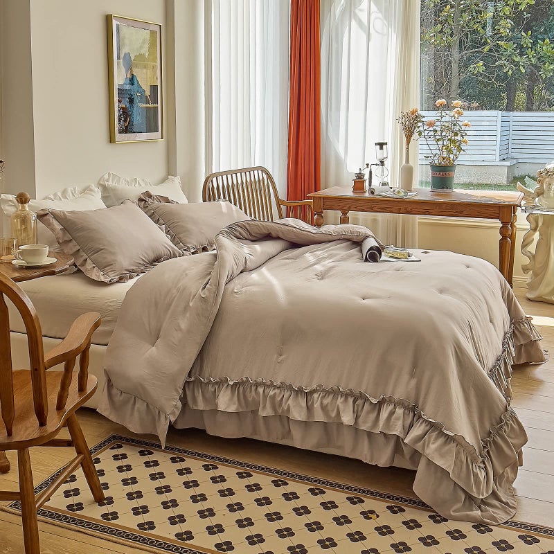 AIKASY Taupe Comforters Queen Size Set, Vintage Boho Chic Farmhouse Bedding Sets Shabby Ruffle Queen Bed Comforter Bedding 3PCSï¼ˆ1 Comforter and 2 Pillowcasesï¼‰ - Image 4