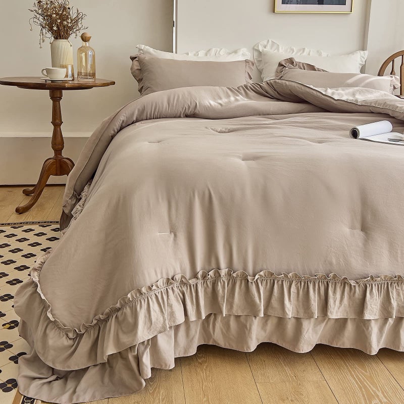 AIKASY Taupe Comforters Queen Size Set, Vintage Boho Chic Farmhouse Bedding Sets Shabby Ruffle Queen Bed Comforter Bedding 3PCSï¼ˆ1 Comforter and 2 Pillowcasesï¼‰ - Image 3