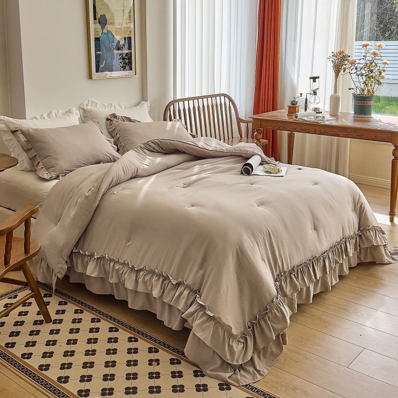AIKASY Taupe Comforters Queen Size Set, Vintage Boho Chic Farmhouse Bedding Sets Shabby Ruffle Queen Bed Comforter Bedding 3PCSï¼ˆ1 Comforter and 2 Pillowcasesï¼‰ - Image 2