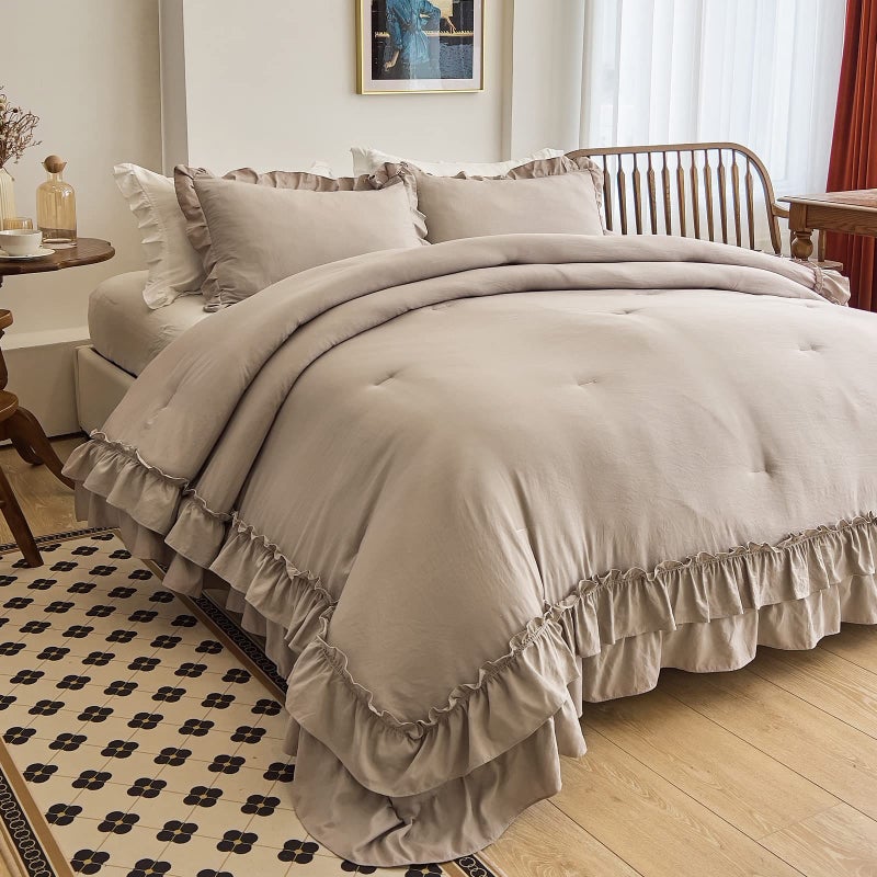 AIKASY Taupe Comforters Queen Size Set, Vintage Boho Chic Farmhouse Bedding Sets Shabby Ruffle Queen Bed Comforter Bedding 3PCSï¼ˆ1 Comforter and 2 Pillowcasesï¼‰ - Image 1