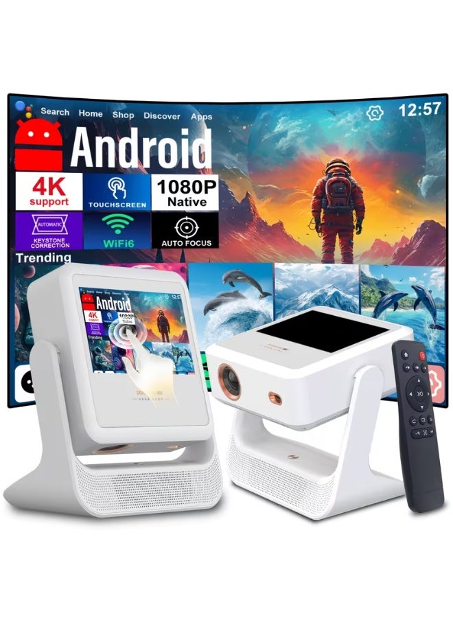 COOLHAWK Touch Screen 800 ANSI Projector, 1080P Full HD 4K Support Smart Andriod TV APP Store Video Portable  Projector, AI Auto Focus, WiFi 6 Bluetooth for Home Theater/Gaming/Outdoor (180° Stand & 250 ''Display) - Image 1