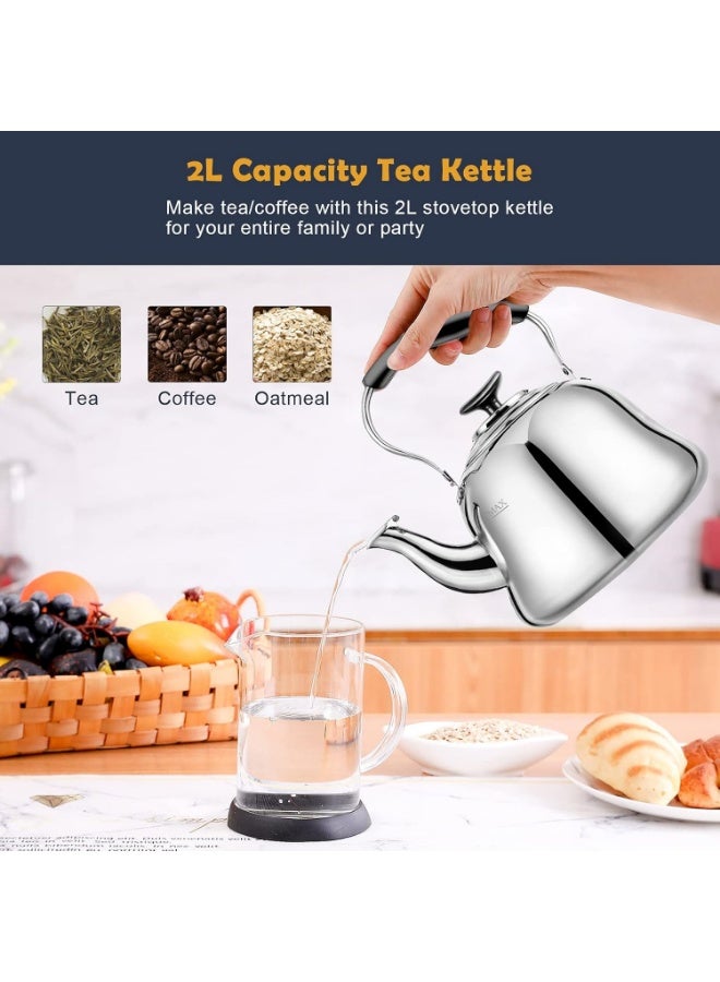 KITCHENOO Tea Kettle Stovetop Whistling Teakettle ClassicTeapot Stainless Steel Tea Pots for Stove Top with Heat-resistant Folding Handle Mirror Finish, 2 liters - Image 2