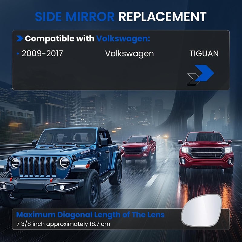 SYKRSS Driver Left Side Mirror Glass Compatible With 2009-2017 Volkswagen VW TIGUAN, Driver Left Side LH Rearview Mirror Convex Glass Rear View Mirror (No Backing Plate)(Non-Heated) - Image 3