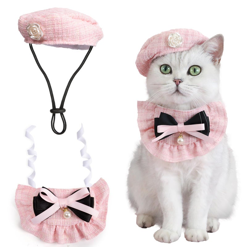 HOWWFALY 2PCS Cat Beret Hat with Small Camellia, Adjustable Satin Bowtie Bandana Scarf Set Pet Princess Costume for Halloween Christmas, Cat Dog Birthday Party Apparel (Pink Bow) - Image 1