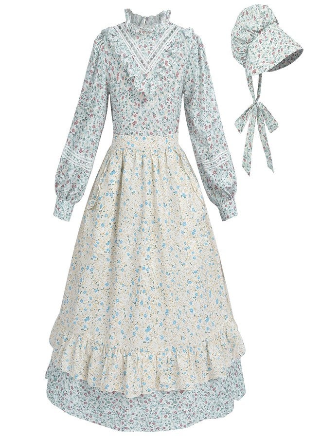 FCCAM FCCAM FCCAM Prairie Colonial Dress Girls Long Sleeve Pioneer Dress Costume Floral Pioneer Girl Laura Ingalls Wilder Green XL - Image 1