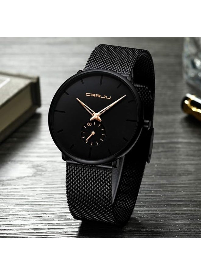 كرجو ساعة يد CRRJU سوداء فائقة النحافة فاخرة للرجال ، ساعة مقاومة للماء مع سوار شبكي - Image 1