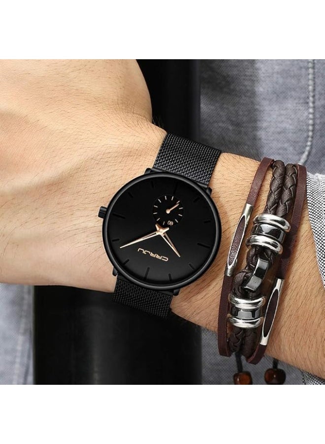 كرجو ساعة يد CRRJU سوداء فائقة النحافة فاخرة للرجال ، ساعة مقاومة للماء مع سوار شبكي - Image 2