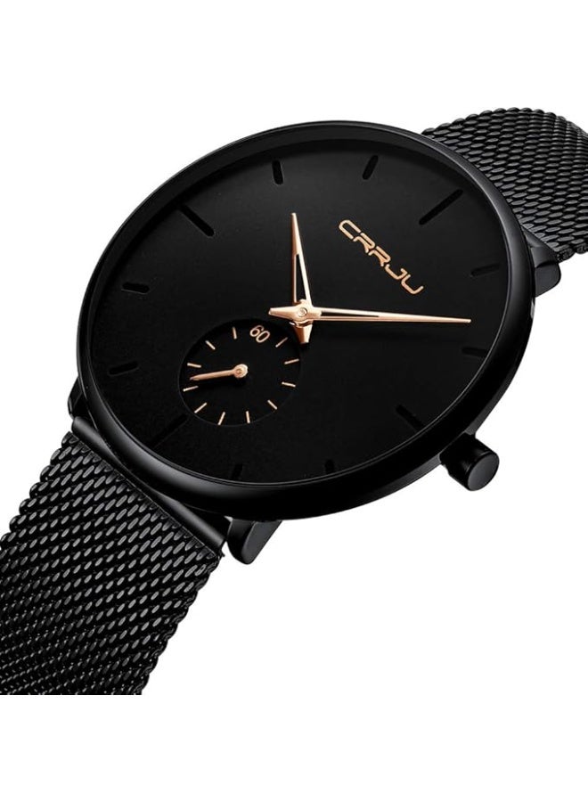 كرجو ساعة يد CRRJU سوداء فائقة النحافة فاخرة للرجال ، ساعة مقاومة للماء مع سوار شبكي - Image 3