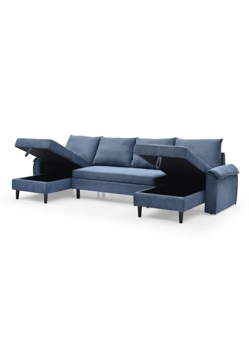 Homzmart Swedish Wood and Velvet U Shape Sofa - Blue  - Image 4