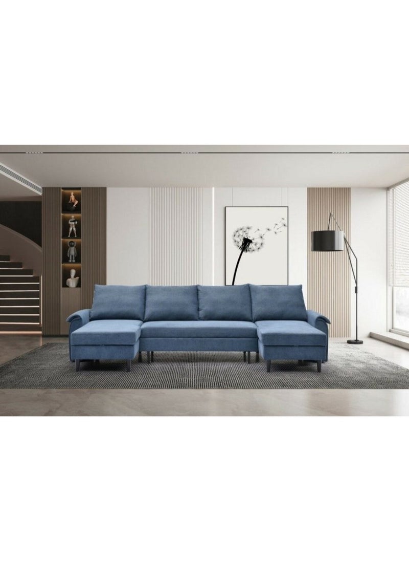 Homzmart Swedish Wood and Velvet U Shape Sofa - Blue  - Image 1