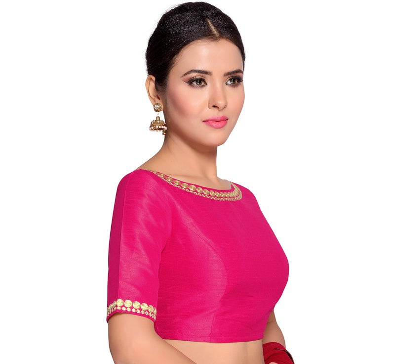 Studio Shringaar Women's Readymade Pink Polyester Saree Blouse With Elbow Length Sleeves (Pink, 40) - Image 2