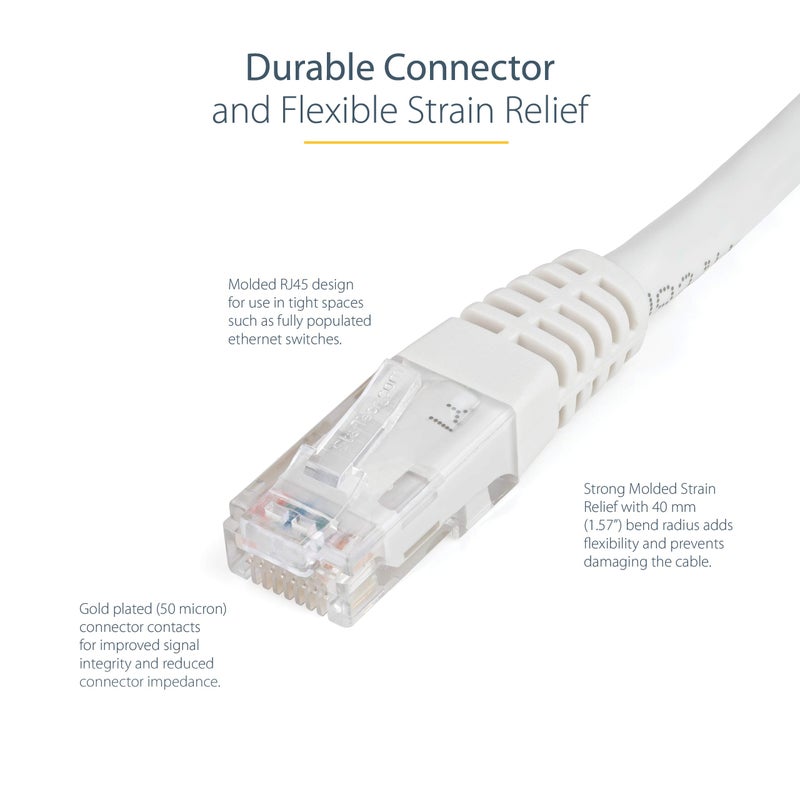 StarTech.com 3ft CAT6 Ethernet Cable - White CAT 6 Gigabit Ethernet Wire -650MHz 100W PoE++ RJ45 UTP Molded Category 6 Network/Patch Cord w/Strain Relief/Fluke Tested UL/TIA Certified (C6PATCH3WH) - Image 3