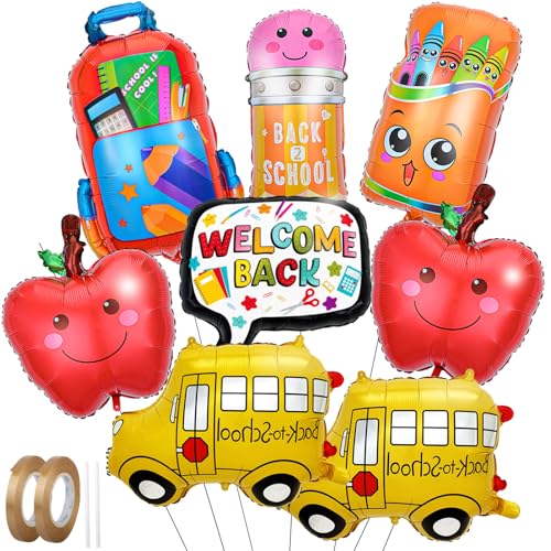 AxiyanX Back to School Balloons 8Pcs 18 Inch Big Foil Balloons Kit for First Day of School Kindergarten Graduation Welcome Party Decor Includes Bus Apple Crayon Pencil Balloon style1 - Image 1