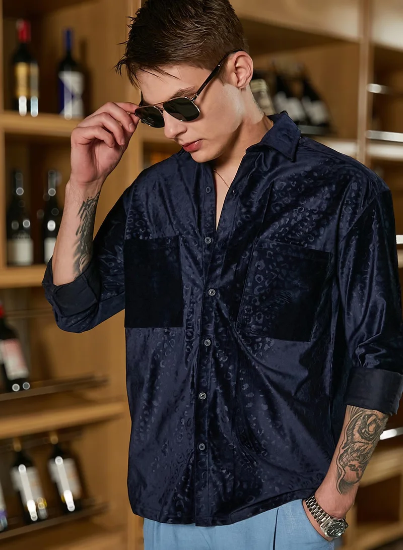 Campus Sutra Men's Navy Blue Cheetah Velvet Oversized Shirt For Casual Wear | Spread Collar | Long Cuffed Sleeves | Button Closure | Oversized Shirt Crafted With Comfort Fit For Everyday Wear