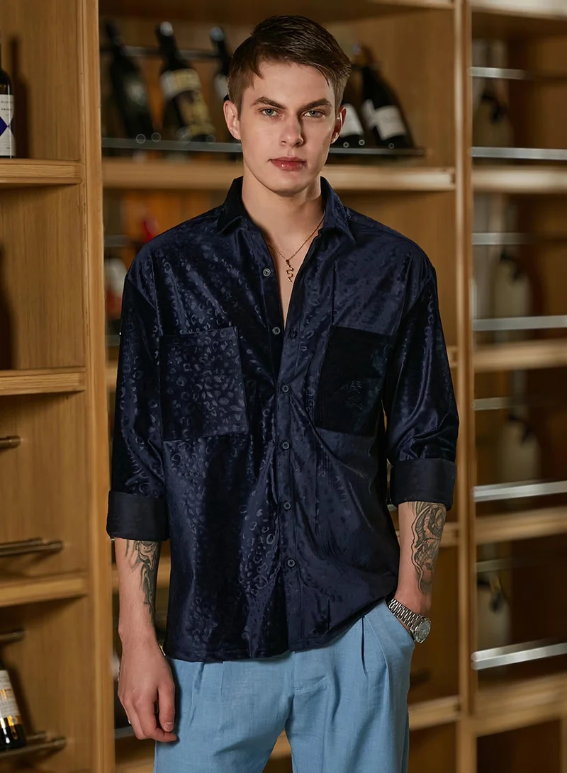 Campus Sutra Men's Navy Blue Cheetah Velvet Oversized Shirt For Casual Wear | Spread Collar | Long Cuffed Sleeves | Button Closure | Oversized Shirt Crafted With Comfort Fit For Everyday Wear