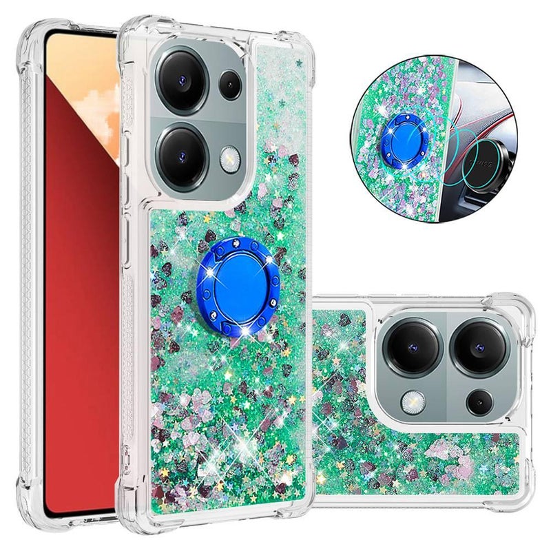 MS غطاء واقي بTPU لـ Redmi Note 14 Pro مع مسحوق لامع وحامل حلقة مع نقشة نجوم مع حزام كتف متقاطع باللون أخضر من مادة TPU باللون الأخضر باللون الأحمر - Image 1