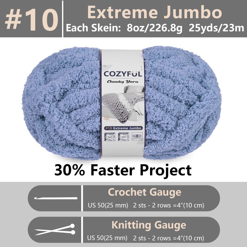 Cozyful Chunky Yarn for Hand Knitting - #10 Chunky Chenille Yarn, Jumbo Big Thick Chunky Yarns for Crocheting, Super Bulky Chunky Knit Blanket Yarns, 8 Skein (25 yds 8 oz Each Skein), Blue Gray - Image 2