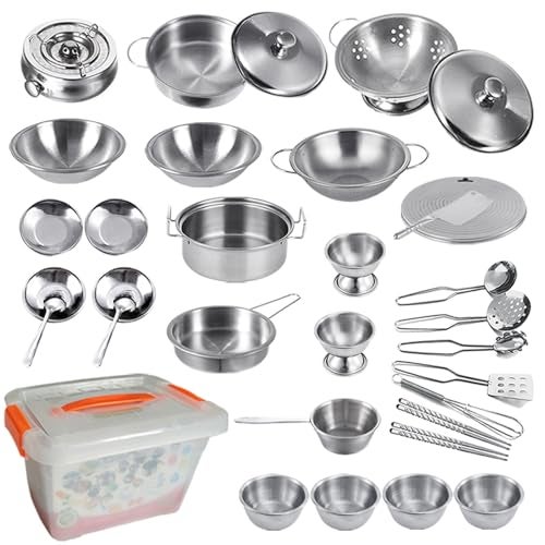 KEJIH Tiny Classic Stainless Steel Kitchen Toys Cooking Utensils SetPretend Play Pots Pans Toy Cookware Kits for Kids Cooking Utensil Set Interactive Learning Role Play Educational Toys for Kids Mini Size - Image 1