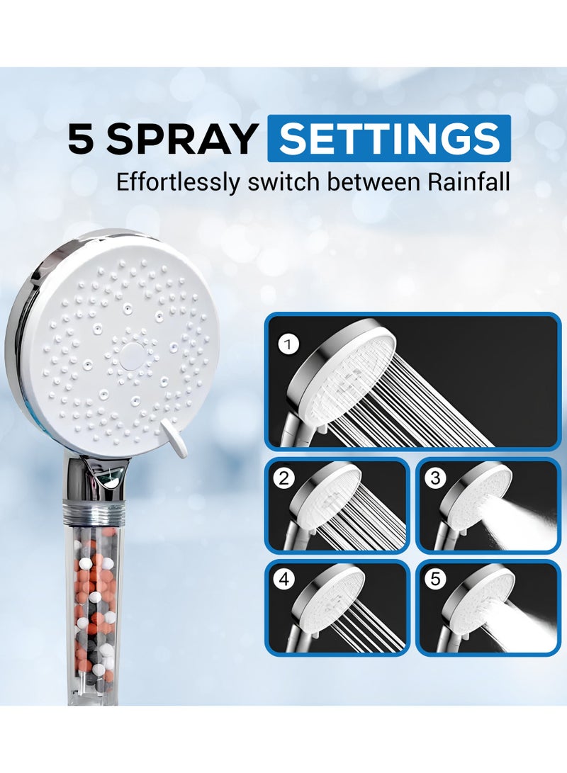 دانين رشاش رأس دش عالي الضغط من  مع نظام ترشيح، شريط تفلون (نفث، هطول الأمطار والتدليك)، يقلل من تساقط الشعر، يعزز البشرة، يرشح وينقي ويوفر المياه (5 وظائف مع خرطوم بطول 1.5 متر) - Image 1