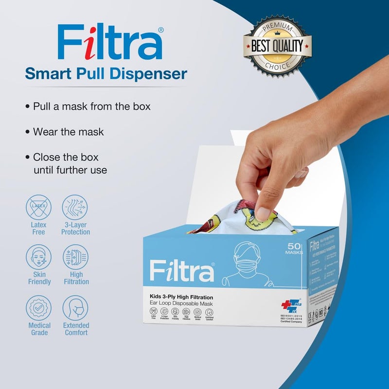 Filtra ® 3-Ply Ear Loop Kids Mask | Ages 3-18 | Kids Mask | Children's Mask | Ladies Mask | High Filtration | New extra tough courier packing | Box of 50 Masks - Image 2
