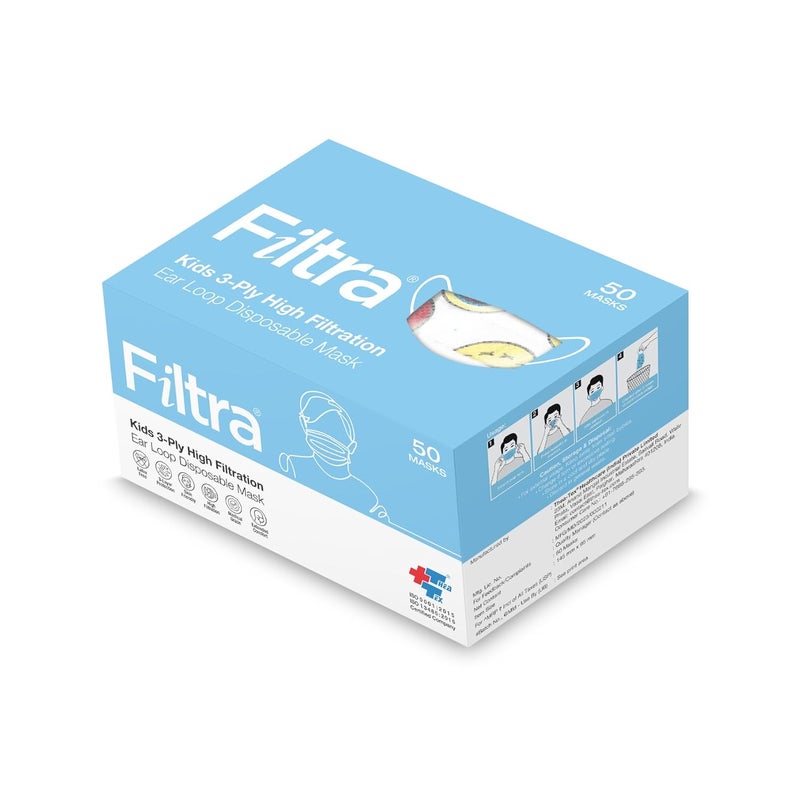 Filtra ® 3-Ply Ear Loop Kids Mask | Ages 3-18 | Kids Mask | Children's Mask | Ladies Mask | High Filtration | New extra tough courier packing | Box of 50 Masks - Image 1