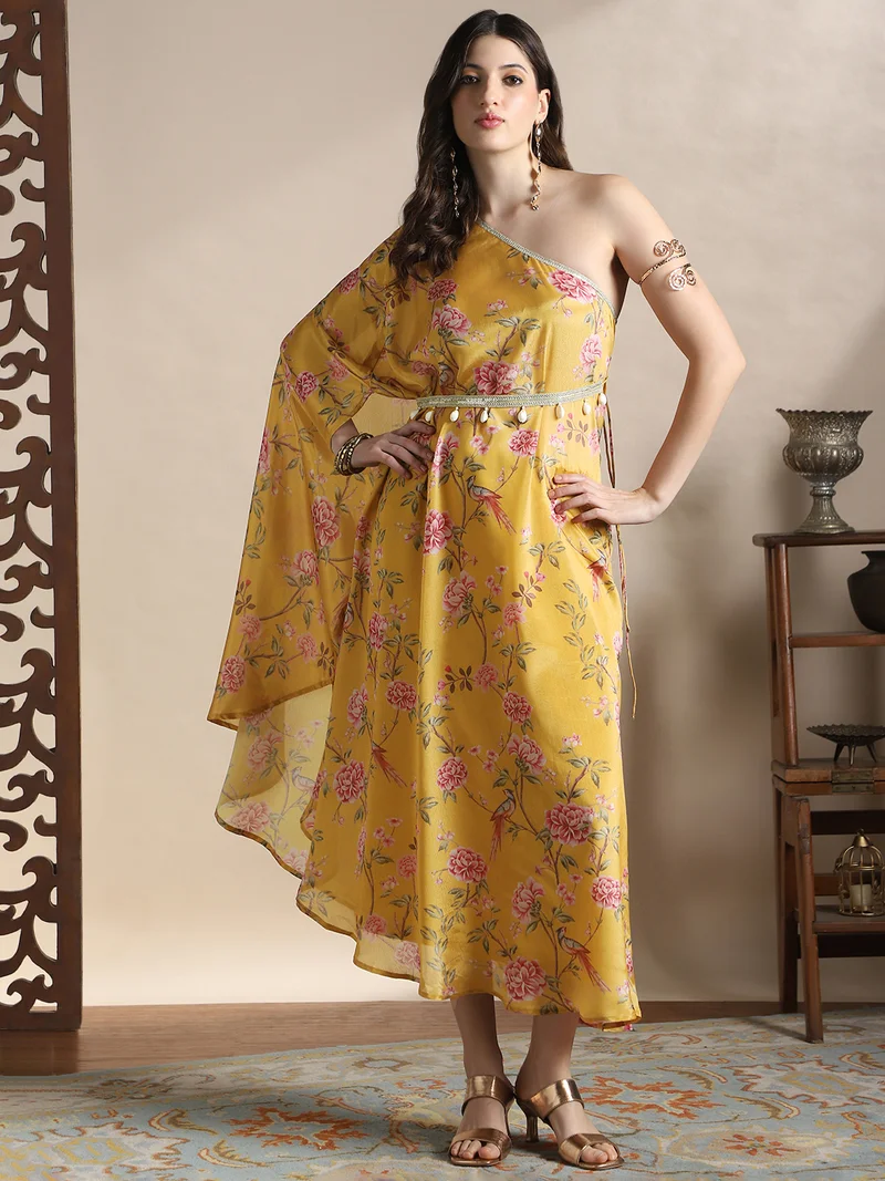 جلو باص فستان ماكسي نسائي من جلوبس بكتف واحد وطبعة زهور وحزام وحافة غير متساوية