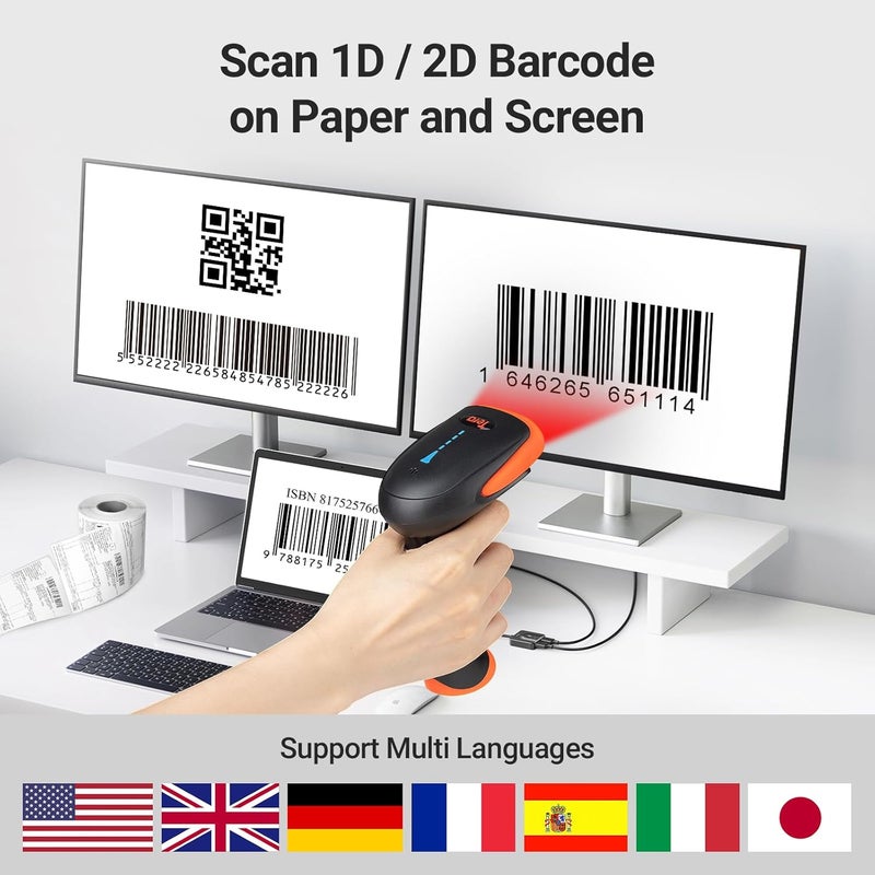 Tera Barcode Scanner Wireless 1D 2D QR with Stand: Battery Level Indicator 3 in 1 Works with Bluetooth 2.4G Wireless USB Wired Handheld Bar Code Reader with Vibration Alert HW0002 Orange - Image 5