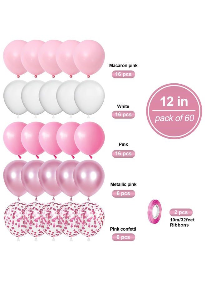 Biapian Pink White Balloons Set, 60 PCS Metallic Pink Birthday Balloons, White Pink Confetti Balloons, Macaron Pink Latex Balloon Matte Pink Balloons for Helium for Girls Women Baby Shower Wedding Supplies - Image 2